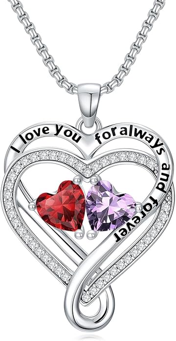 I Love You for Awlays and Forever Double Heart Necklace with Birthstone, 2 Birth Stone Jewelry Anniversary Valentines Mothers Day Christmas Birthday Gifts for Women Her Wife Girlfriend Mom Mother