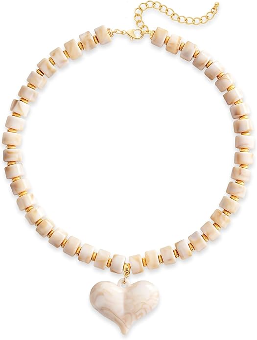 YUJIE Chunky Heart Penadnt Necklace for Women- Exaggerated Statement Puff Heart Necklace with Acrylic Beaded Chain