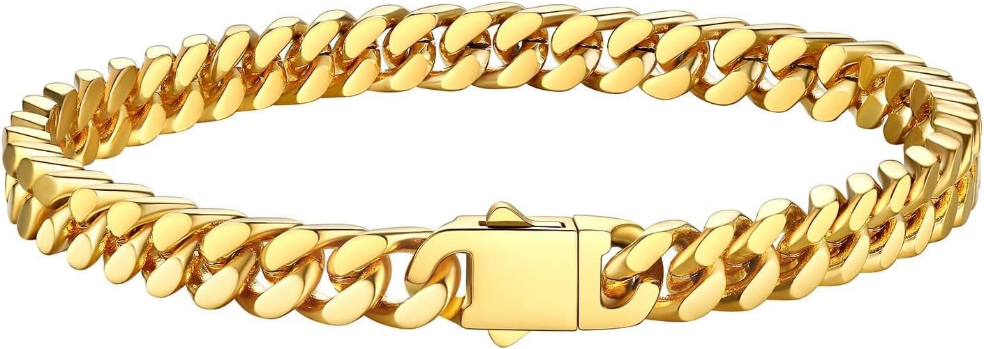 Bestyle Thick Mens Cuban Link Chain Bracelets, Durable Real 18K Gold/Black Metal Plated Solid Stainless Steel Hand Chain Cuban Bracelets for Men, Silver Black Gold Bracelets for Father Husband