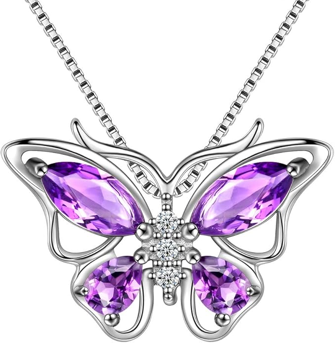 Aurora Tears Butterfly Birthstone Pendant Necklace - Women 925 Sterling Silver Butterflies Birthstone Pendant Necklace Jewelry Birthday Gift for Women