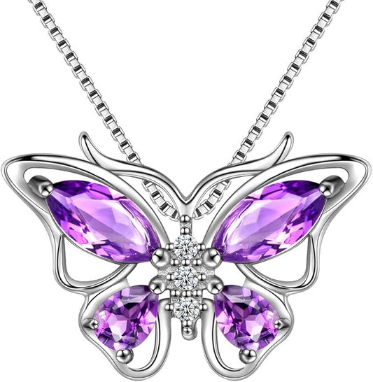 Aurora Tears Butterfly Birthstone Pendant Necklace - Women 925 Sterling Silver Butterflies Birthstone Pendant Necklace Jewelry Birthday Gift for Women