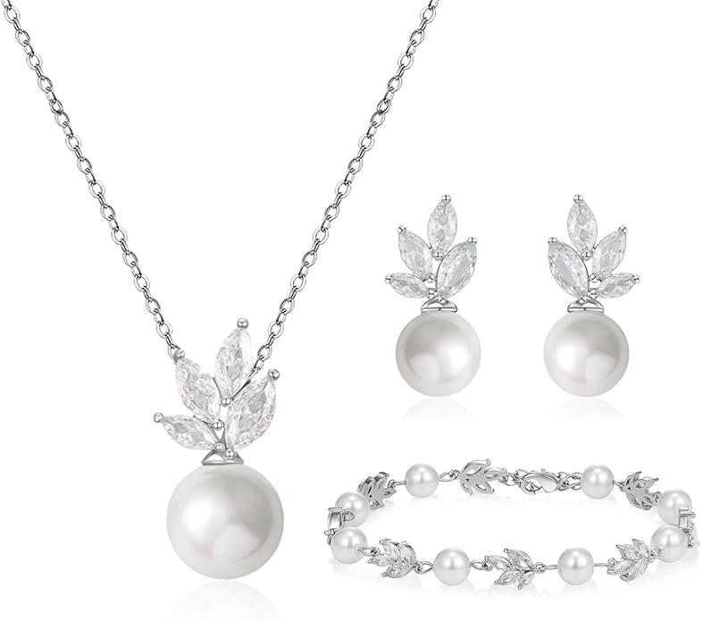 SWEETV Jewelry Set for Bride Women, Cubic Zirconia Pearl Bridal Earrings Necklace Bracelet Set, Bridal Jewelry Set for Wedding Prom