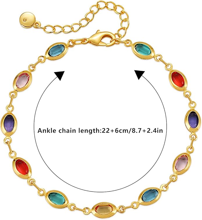 18K Gold Plated Anklet for Women Multicolor Crystal Ankle Bracelets Boho Adjustable Chain Anklets