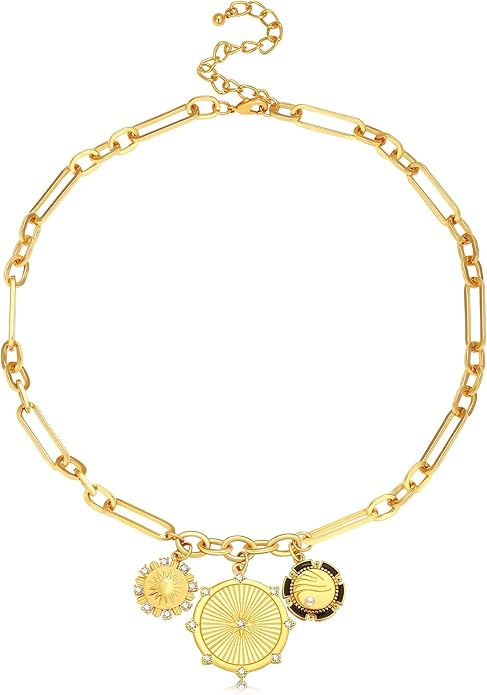 Chunky Gold Necklace for Women, 18K Waterproof Heart Necklace Statement Necklace Gold Charm Necklace Chunky Jewelry Paperclip Chain Choker Gift for Women
