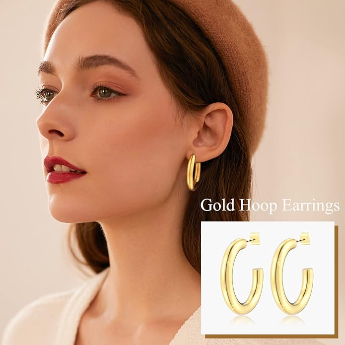 6 Pairs Gold Hoop Earrings Set for Women, Hypoallergenic 14K Gold Chunky Earrings, Lightweight Small Thin Cute Dainty Trendy Clip On Jewelry Gifts for Womens for Multiple Piercing (Gold & Silver)