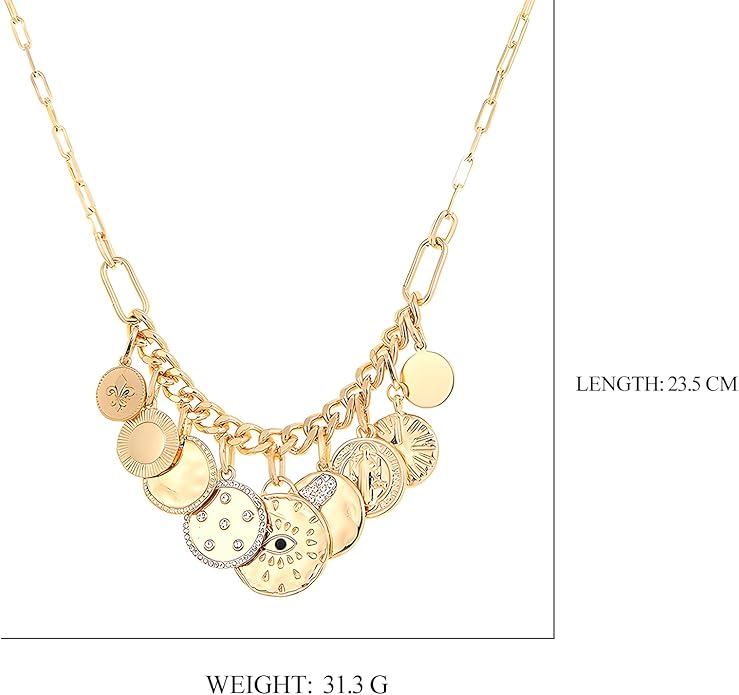 Charm Necklace for Women Gold Plated Chunky Evil Eye Sun Moon Flower Coin Pendant Dainty Handmade Paperclip Chain Necklace Jewelry for Women
