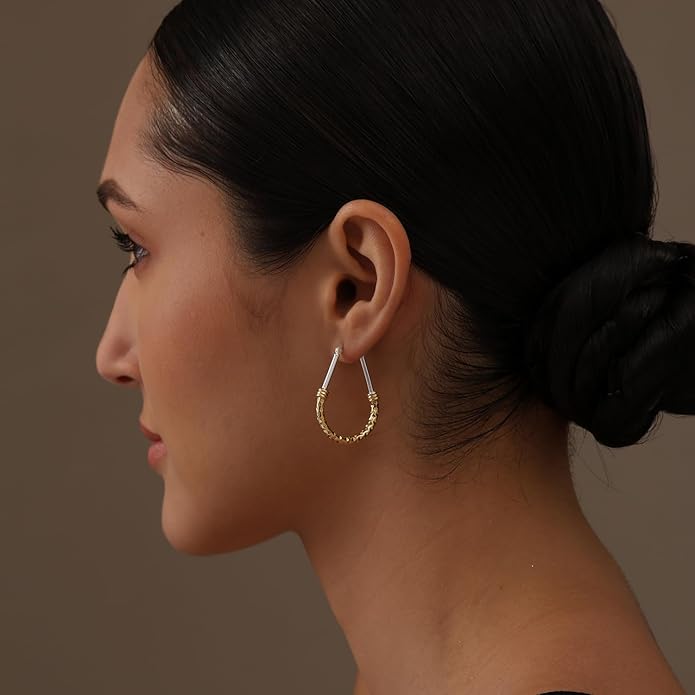 LeCalla 925 Sterling Silver Hoop Earrings | Italian Design Classic Diamond-Cut Textured Earring Hoops | Women's Drop Shape Oval Hoop Earring Jewelry for Women