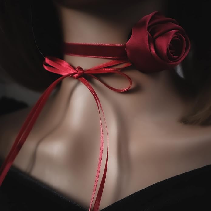 Black Choker Camellia Flower Lace-up Necklace For Women