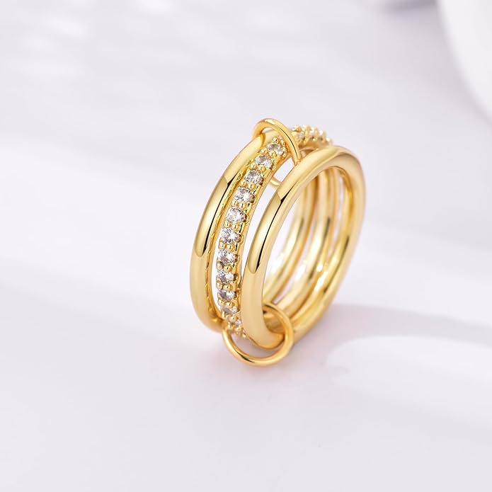 Canboer 14K Gold Plated Interlocked Stackable Rings for Women Non Tarnish,Gold and Silver Cubic Zirconia Statement Rings Set,Mixed Metals Ring Two-Toned Connected Bands Stacking Jewelry