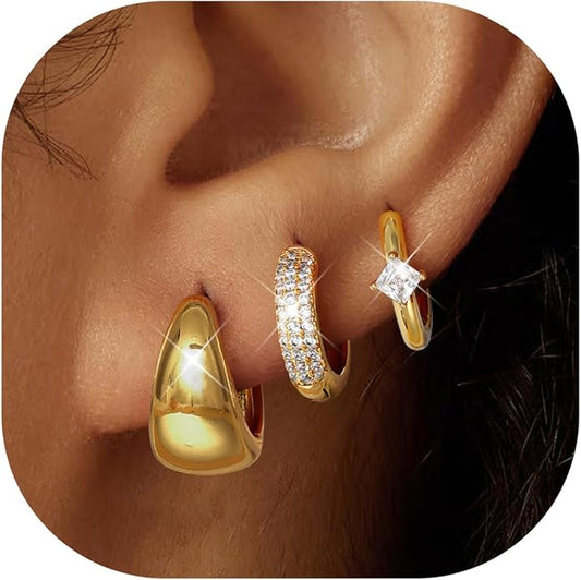 LOYALLOOK 3Pairs Gold Hoop Earrings Set for Women Trendy Huggie Hoop Earrings Stacks for Multiple Piercing 14K Gold Plated Chunky Hoop Earrings Set Hypoallergenic Cartilage Earring Lightweight