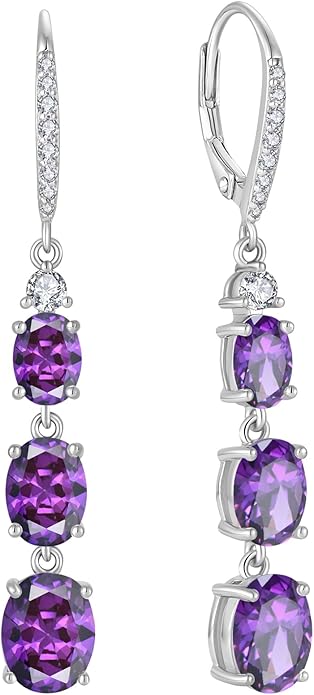 Women 925 Sterling Silver Birthstone 3-stone Leverback Drop Dangle Earrings 5A Cubic Zirconia Jewelry for Her