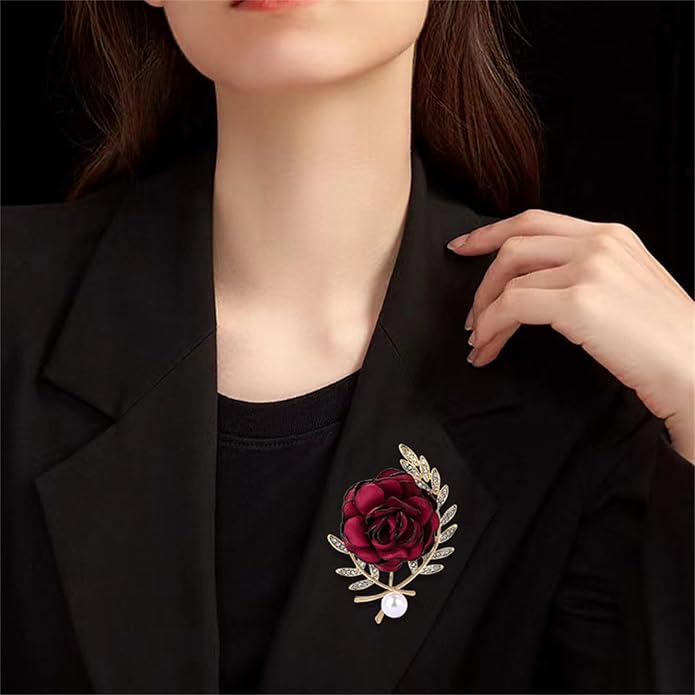 Dreuyet Rose Flower Brooch for Women Dainty Elegant Satin Fabric Flower Lapel Pins Vintage Pearl Camellia Crystal Pin Dress Suit Accessories Valentine's Day Wedding Bouquet Jewelry ﻿