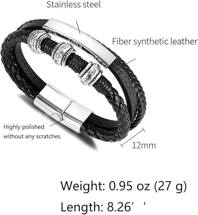 Italian Handmade Genuine Leather Bracelets for Men Stainless Steel Clip, Men's Casual Genuine Multi-layer Cuff Bracelet, Bracelet Gift for Real Men