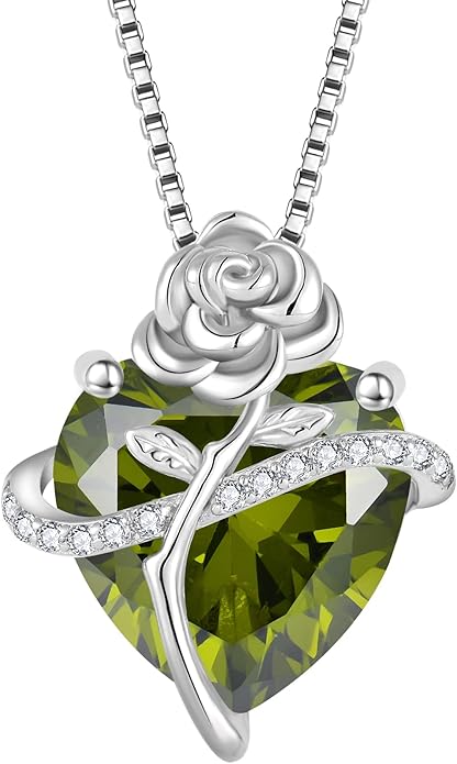 Birthstone Necklace for Women 925 Sterling Silver Love Heart Rose Flower Necklace Dainty Jewelry Gifts for Women Wife Girlfriend Mother Daughter Her