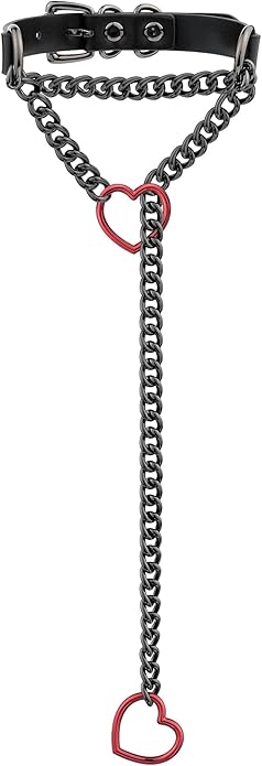 Handmade Black Heart Choker Collar For Women, Punk Gothic O-ring Slip Chain Necklace with Adjustable Vegan Leather Buckle