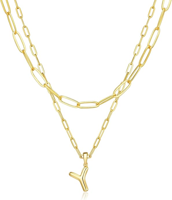 adoyi Gold Necklace for Women Layered Bubble Heart Letter Initial Necklaces for Women Trendy Jewelry 14K Gold Plated Chain Chunky Name Necklace Stack Charm A-Z Pendant Set Jewelry Gifts