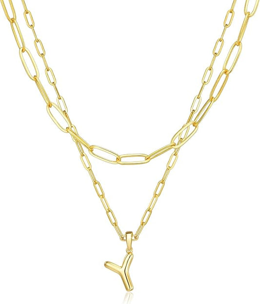 adoyi Gold Necklace for Women Layered Bubble Heart Letter Initial Necklaces for Women Trendy Jewelry 14K Gold Plated Chain Chunky Name Necklace Stack Charm A-Z Pendant Set Jewelry Gifts