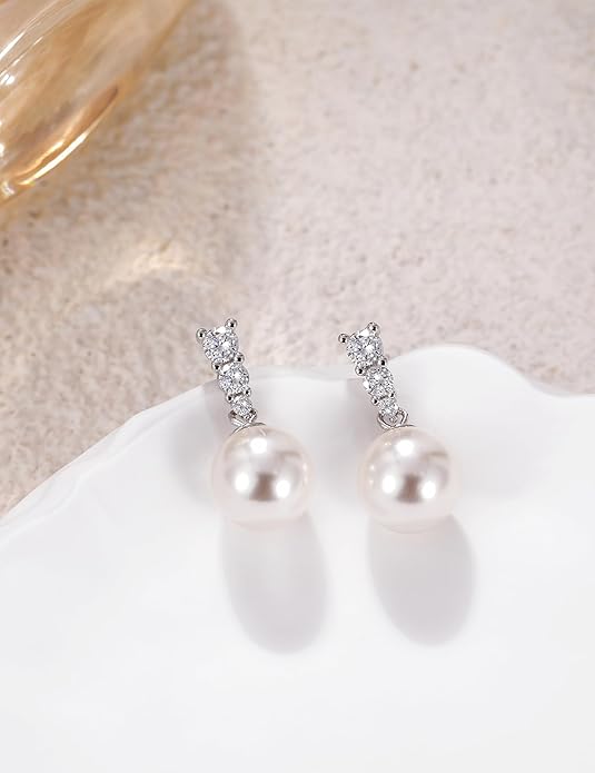 Mameloly Pearl Drop Earrings 925 Sterling Silver CZ 10MM Simulated Pearl Earrings for Women Dangle Trendy Jewelry for Women Hypoallergenic