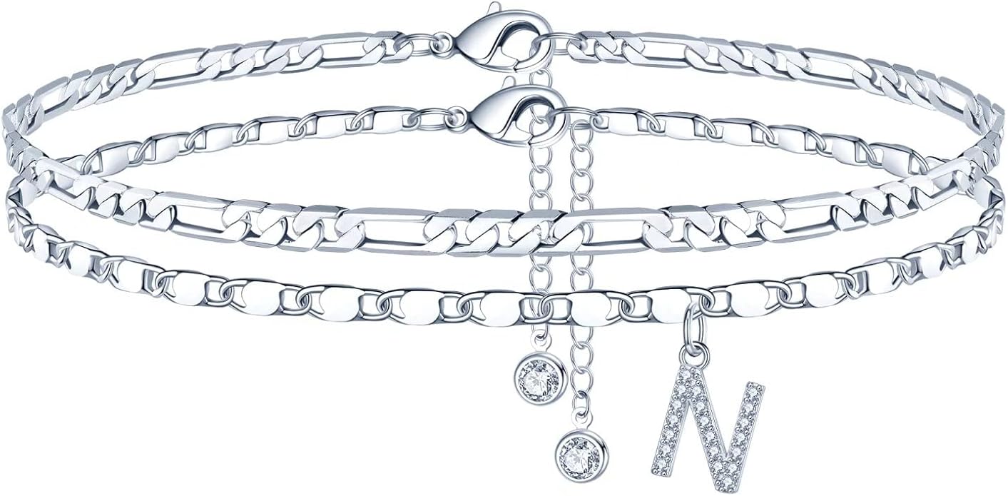 Ursteel Ankle Bracelets for Women, 14K-Gold-Plated Dainty Layered Chain CZ Initial Anklets Set Summer Jewelry Gifts for Women