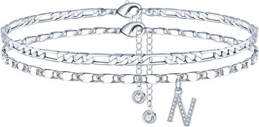 Ursteel Ankle Bracelets for Women, 14K-Gold-Plated Dainty Layered Chain CZ Initial Anklets Set Summer Jewelry Gifts for Women