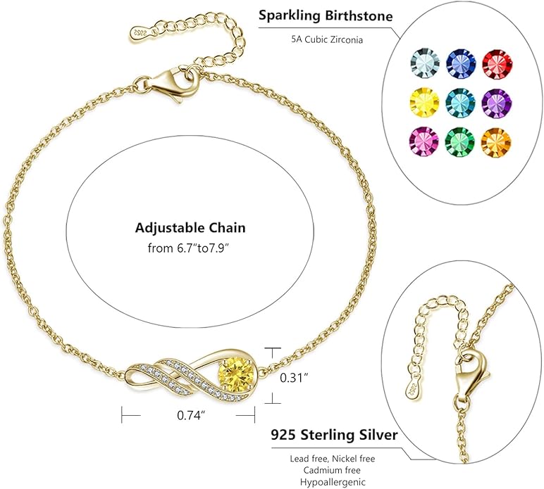 Birthstone Bracelets for Women 925 Sterling Silver Created Gemstone Bracelet Infinity Pendant Jewelry for Her, 6.7"+1.2"