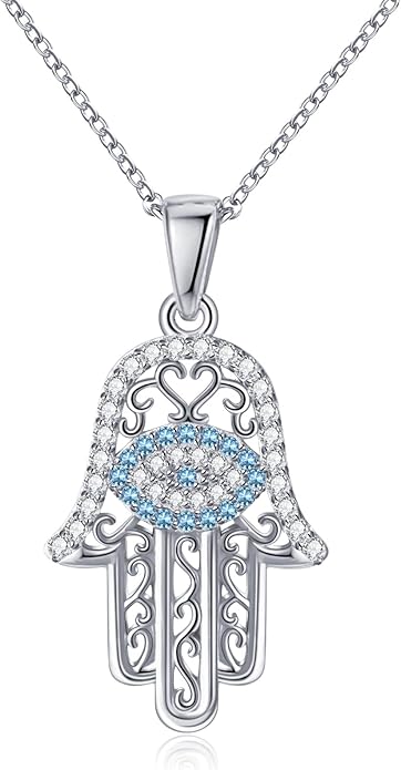 White Gold 14K Gold Plated Necklaces for Women Evil Eye Necklace for Women Girls Evil Eye Hamsa Hand of Fatima Pendant Necklace Good Luck Necklace Jewelry