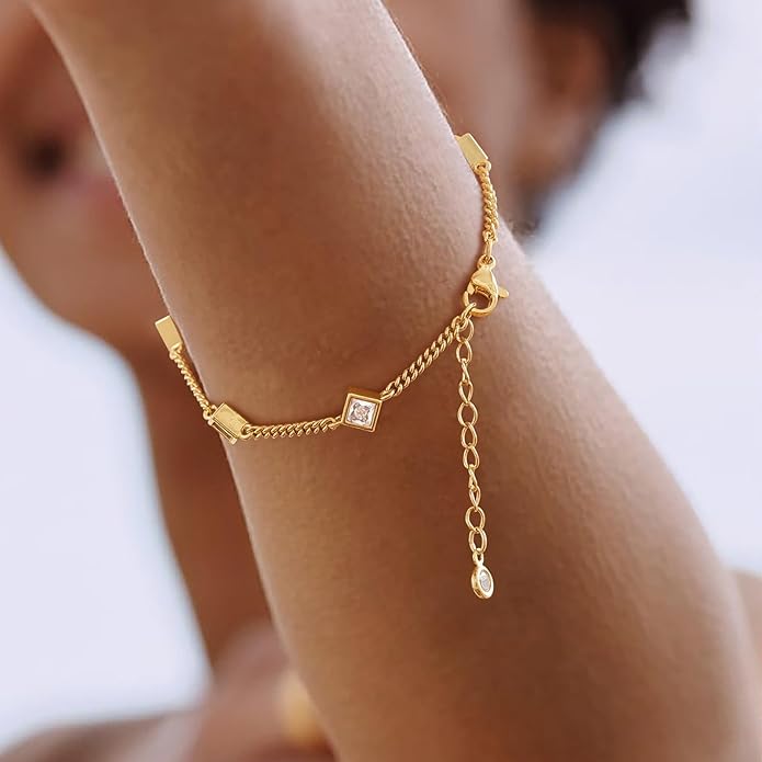 Gold Bracelets for Women,14K Dainty Gold Plated Bracelets Non Tarnish Waterproof Diamond Bracelets Heart Flower Round Square CZ Charm Bracelet Trendy Stuff Jewelry Gifts for Her