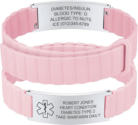 Comfortable Medical ID Bracelet for Men & Women - Custom Engraved Silicone Strap Comfort Fit Medical Alert Bracelets for Sports,Adjustable Waterproof Customizable Wristband for Diabetic