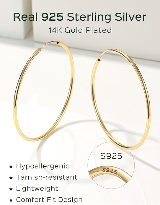 ChicSilver Hypoallergenic 925 Sterling Silver Hoop Earrings for Women, Lightweight Large Gold Plated Hoop Earrings, Endless Hoops Earring 20/30/40/50/60/70MM