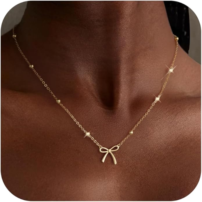 Gold Necklace for Women Dainty Bow Necklace 14K Gold Plated Cute Choker Necklace Small Bow Pendant Charm Necklaces Teen Gift Trendy Stuff Personalized Jewelry Gifts