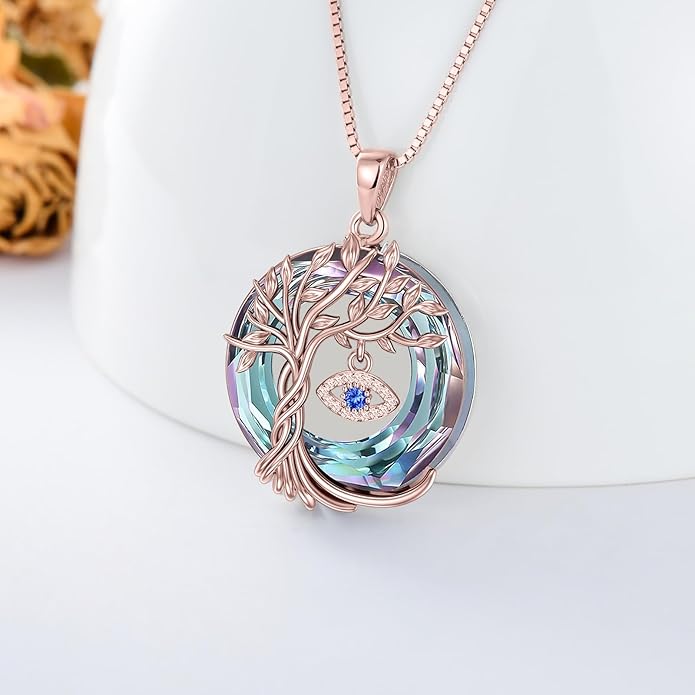 TOUPOP Evil Eye Necklace 925 Sterling Silver Tree of Life Circle Crystal Pendant Necklace Protection Jewelry Amulet Christmas Gifts for Women Her