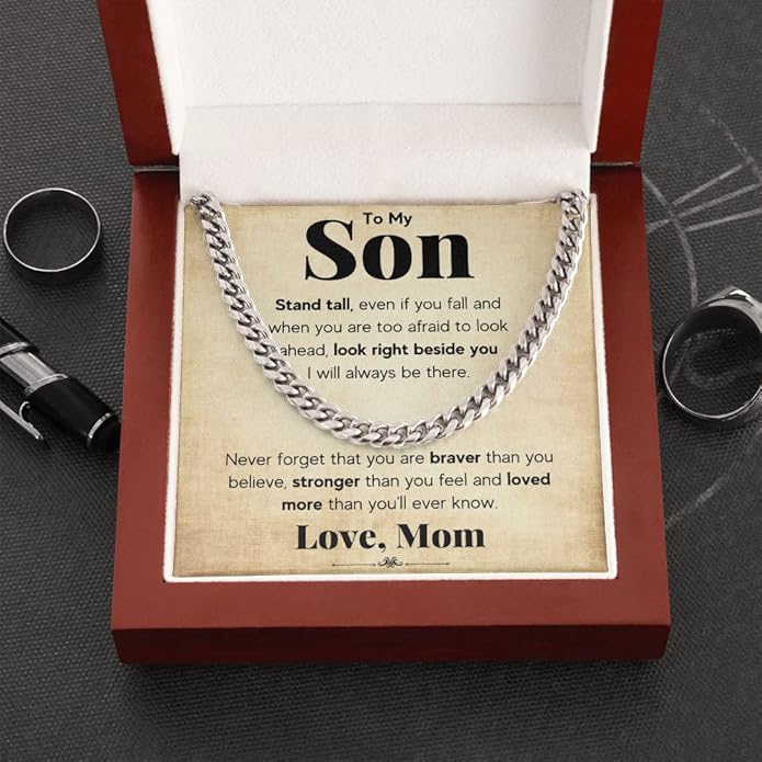 FG Family Gift Mall To My Son From Mom, Son Gifts From Mom and Dad, Mother and Son Necklace, Birthday Gift For My Son Graduation Christmas Cuban Link Chain Necklace Present