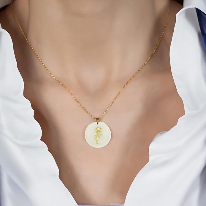 ONTHOLOGIE Birth Month Flower Necklace on Natural Mother of Pearl, 925K Sterling Silver Pendant Birth Flower Necklace, Personalized Birth Month Jewelry, Meaningful Gift for Women