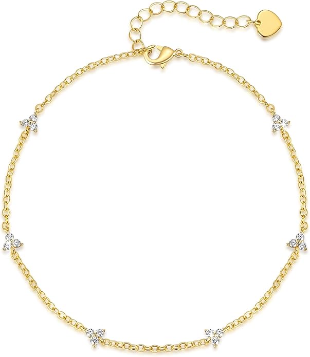 VSNPO 14K Gold Anklets for Women Gold Ankle Bracelets for Womens Clover and Three-Petal Flower Design with Cubic Zirconia Anklet Bracelet for Womens