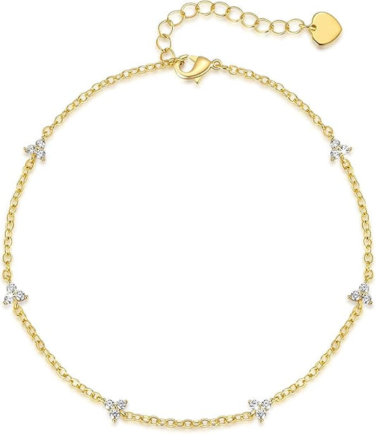 VSNPO 14K Gold Anklets for Women Gold Ankle Bracelets for Womens Clover and Three-Petal Flower Design with Cubic Zirconia Anklet Bracelet for Womens