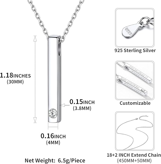 ChicSilver Customizable Vertical Bar Pendant Necklace 925 Sterling Silver Y Necklace Simple Fashion Jewelry Gifts for Women