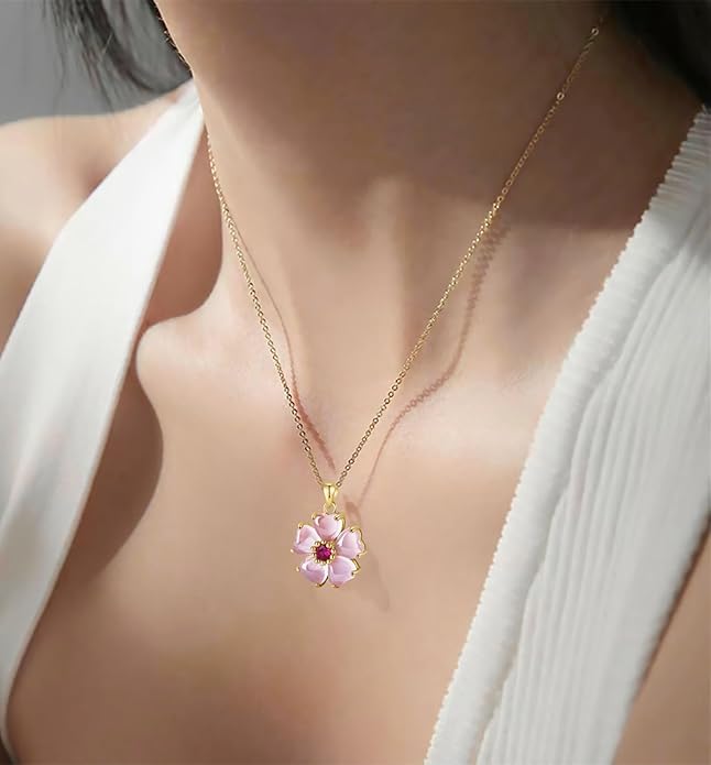 VONSSY Elegant Cherry Blossom Necklace Earrings Pink Cats Eye Flower Flora Sakura Gemstone Crystal Pendant 18k Gold Plated Chain Jewelry Set Gift for Woman Wife Girlfriend