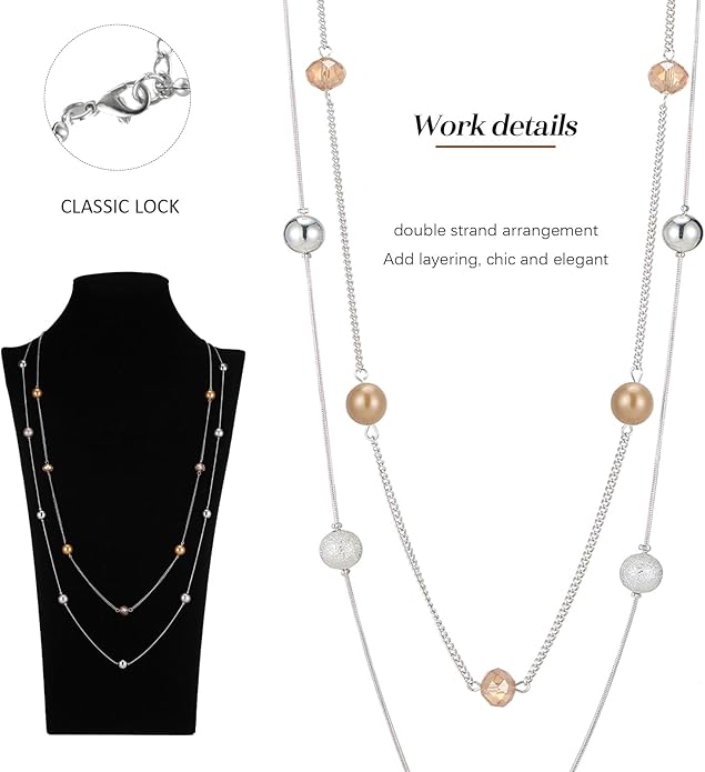 Silver Layered Long Necklace for Women Pearl Crystal Sweater Strand Chain Necklaces Fashion Gifts