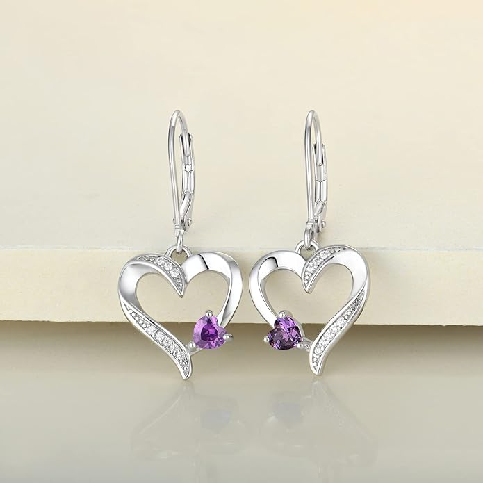 YL Heart Dangle Earrings 925 Sterling Silver Drop Earrings Birthstone Leverback Jewelry for Women