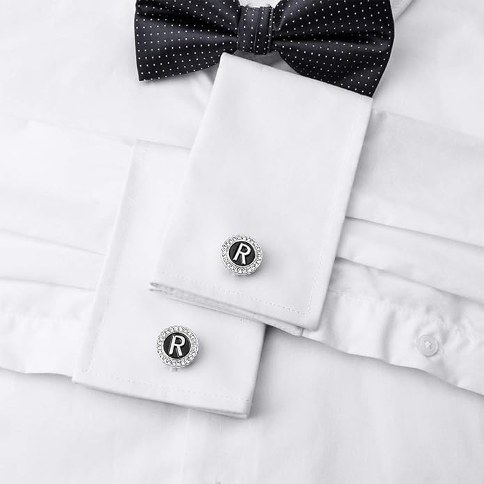 HAWSON A-Z Initial Cufflinks for Men and Women with Clear Crystal, Gold Silver Color Rasied Letter A-Z Cuff Links for French Shirt, Gift for Normal and Business Wearing