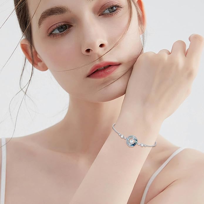 TOUPOP Birthstone Bracelet Moon and Star Bracelet 925 Sterling Silver Blue Crystal Jewelry Birthday Christmas Gifts for Women