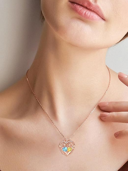Rose Gold Necklaces for Women Double Birthstone Rose Flower Heart Pendant Necklace Jewelry Anniversary Christmas Valentine's Mother's Day Birthday Gift for Wife Mom Her Girlfriend Sister