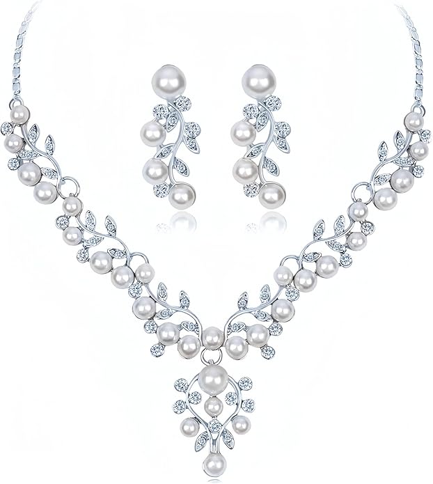 la luen Pearl Bride Wedding Jewelry Set Faux Pearls Crystal Rhinestone Necklace Earrings Bracelet Sets for Women Bridesmaid(3 PCS)
