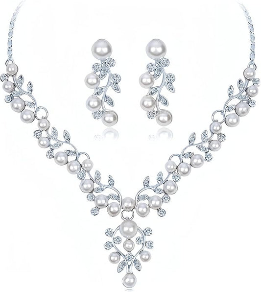 la luen Pearl Bride Wedding Jewelry Set Faux Pearls Crystal Rhinestone Necklace Earrings Bracelet Sets for Women Bridesmaid(3 PCS)