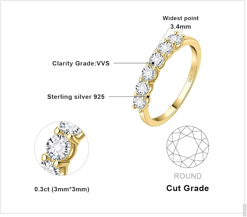 JewelryPalace 6 Stone Cubic Zirconia Half Eternity Stackable Wedding Rings for Women, 14K White Yellow Rose Gold Plated 925 Sterling Silver Promise Rings for Her, Simulated Diamond Wedding Band Ring