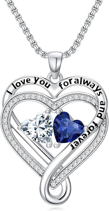 I Love You for Awlays and Forever Double Heart Necklace with Birthstone, 2 Birth Stone Jewelry Anniversary Valentines Mothers Day Christmas Birthday Gifts for Women Her Wife Girlfriend Mom Mother
