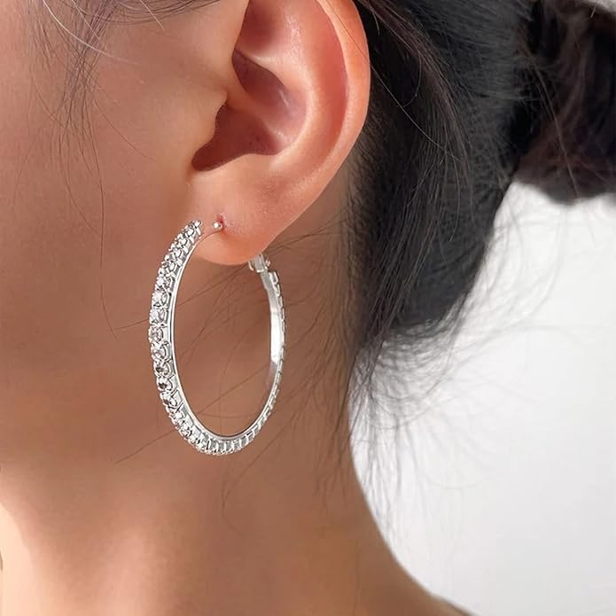 925 Sterling Silver Earrings Large Rhinestone Hoop Earrings Big Cubic Zirconia Hoop Earrings Thin Rhinestones Round Hoop Earrings for Women 20/30/40/50/60/70mm Sparkly Hoops With Crystals for Womens