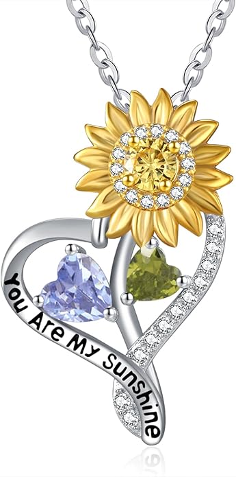 Zeuslia Double Birthstone Necklace Gifts for Wife - 925 Sterling Silver Sunflower/Rose/Crown Cross/Compass/Heart Pendant I Love You Necklace, Anniversary Birthday Gifts for Wife Girlfriend Mom Her