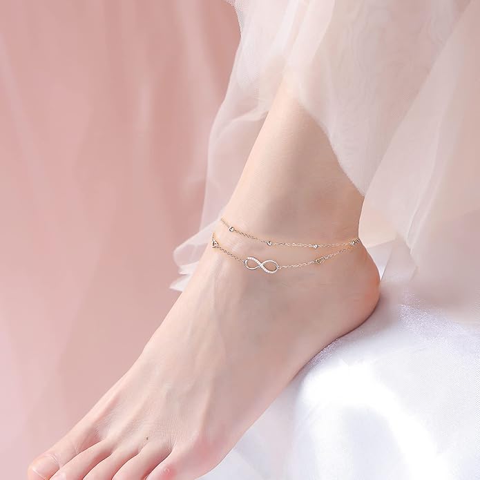 Anklet for Women S925 Sterling Silver Adjustable Foot Evil Eye Starfish Heart Bead Butterfly Celtic Knot Cross Multilayer Layered Ankle Bracelet Jewelry