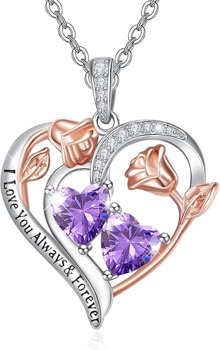 Zeuslia Double Birthstone Necklace Gifts for Wife - 925 Sterling Silver Sunflower/Rose/Crown Cross/Compass/Heart Pendant I Love You Necklace, Anniversary Birthday Gifts for Wife Girlfriend Mom Her
